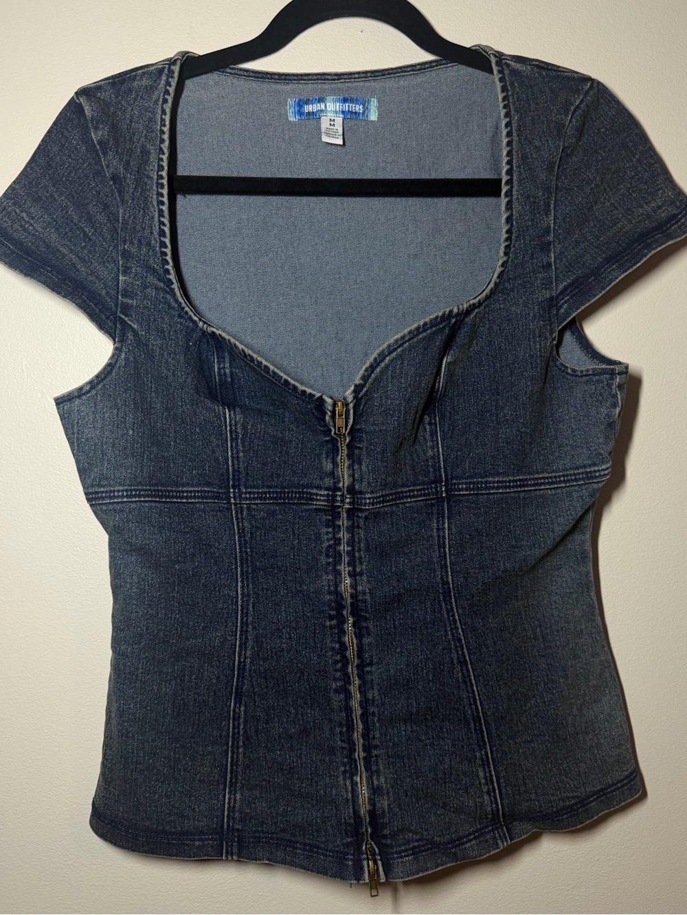 Urban Outfitters Dark Blue Denim Zip-Front Short Sleeve Top
